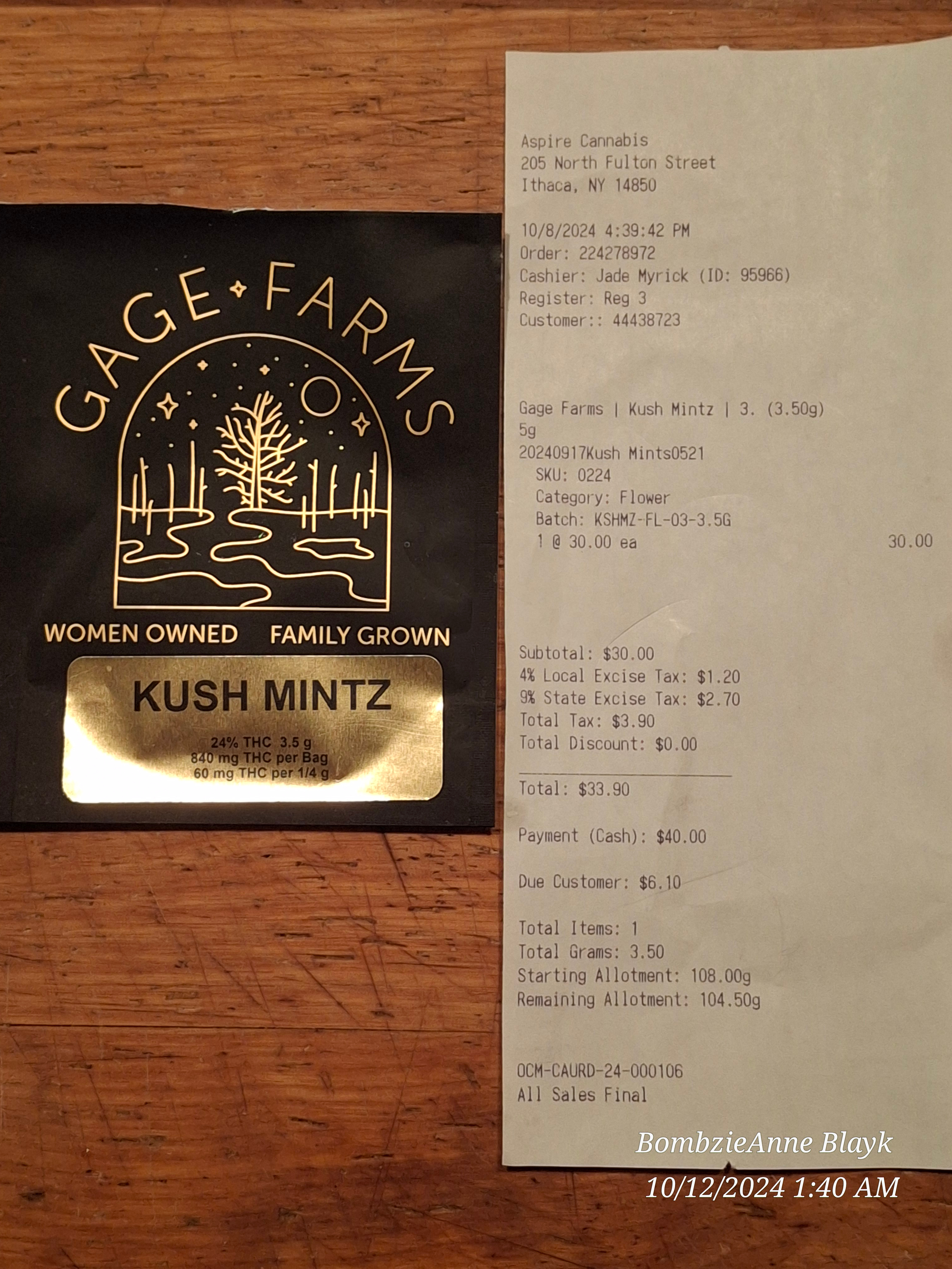 ./2024-10-08 - Aspire MJ - Aspire Cannabis Ithaca - GAGE FARMS - KUSH MINTZ 3.5 gm - $33.90.jpg